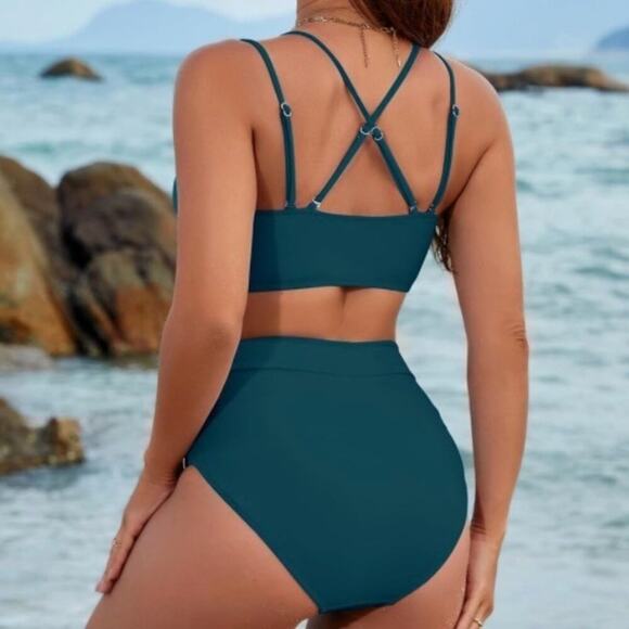 BMJL Swimsuit Women L Blue Green U-Wire Crossback Straps 2 Piece Tummy Control - Picture 4 of 7
